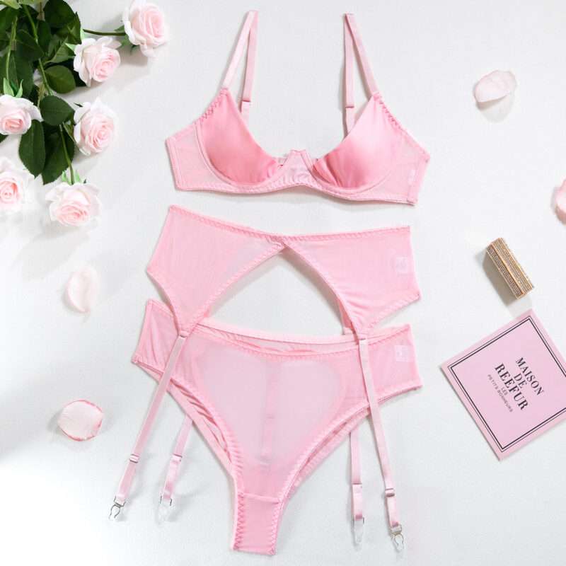 Pink Breast-exposed Lingerie Three-piece Set - Image 5